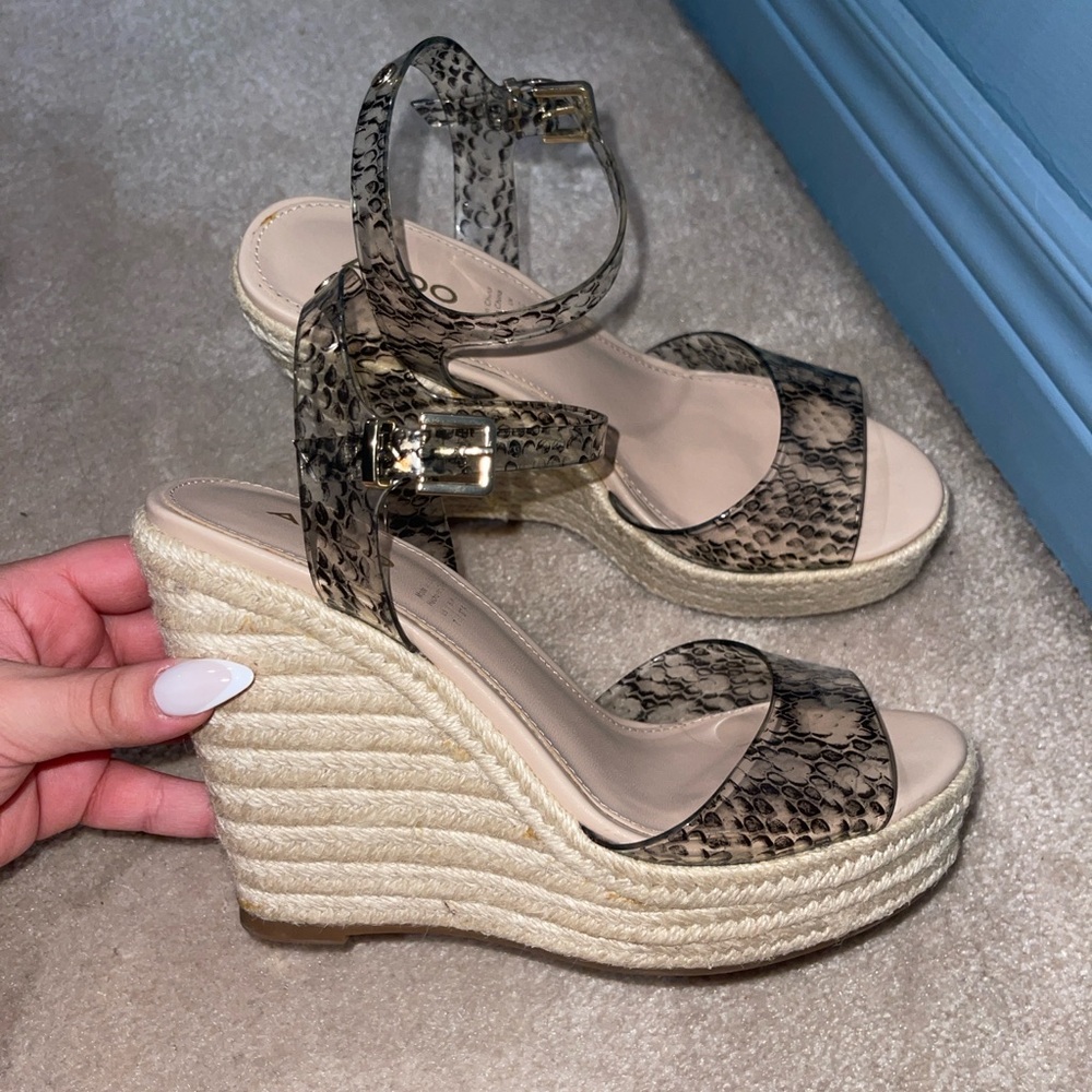 Aldo Beige Snake Print Wedge Sandals